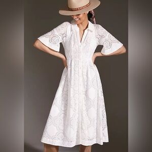 Maeve white lace midi dress with cutout and collar
